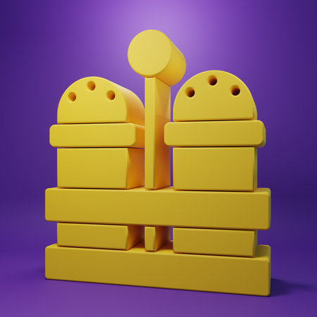 Yellow Salt and pepper icon isolated on purple background. Cooking spices. Minimalism concept. 3D render illustration.の写真素材