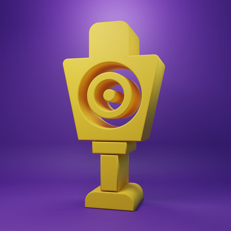 Yellow Human target sport for shooting icon isolated on purple background. Clean target with numbers for shooting range or shooting. Minimalism concept. 3D render illustration.の写真素材