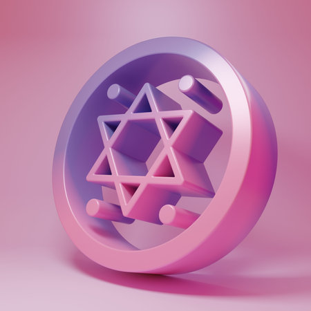 Purple-pink Jewish coin icon isolated on pink background. Currency symbol. Minimalism concept. 3D render illustration.の写真素材