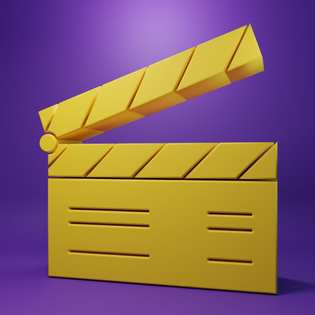 Yellow Movie clapper icon isolated on purple background. Film clapper board. Clapperboard sign. Cinema production or media industry concept. Minimalism concept. 3D render illustration.の写真素材
