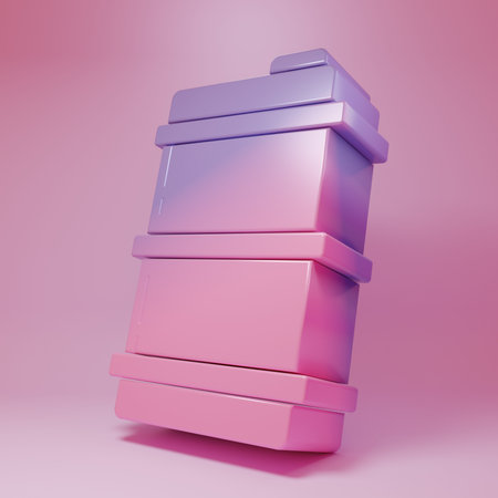 Purple-pink Metal beer keg icon isolated on pink background. Minimalism concept. 3D render illustration.の写真素材