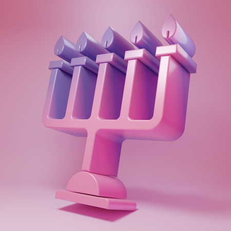 Purple-pink Hanukkah menorah icon isolated on pink background. Hanukkah traditional symbol. Holiday religion, jewish festival of Lights. Minimalism concept. 3D render illustration.の写真素材