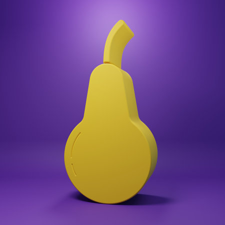 Yellow Pear icon isolated on purple background. Fruit with leaf symbol. Minimalism concept. 3D render illustration.の写真素材