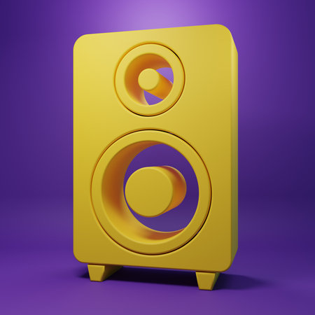 Yellow Stereo speaker icon isolated on purple background. Sound system speakers. Music icon. Musical column speaker bass equipment. Minimalism concept. 3D render illustration.の写真素材