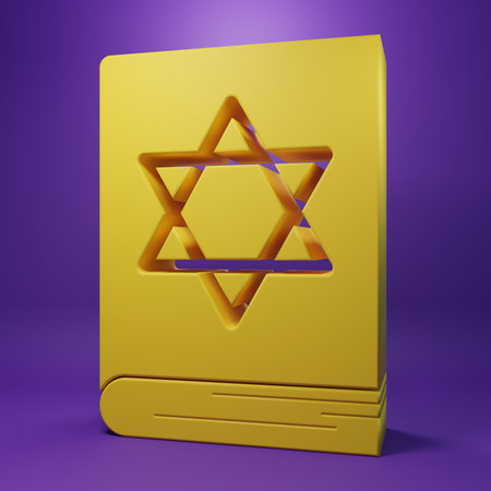 Yellow Jewish torah book icon isolated on purple background. Pentateuch of Moses. On the cover of the Bible is the image of the Star of David. Minimalism concept. 3D render illustration.の写真素材
