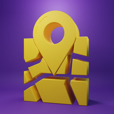 Yellow Folded map with location marker icon isolated on purple background. Minimalism concept. 3D render illustration.の写真素材
