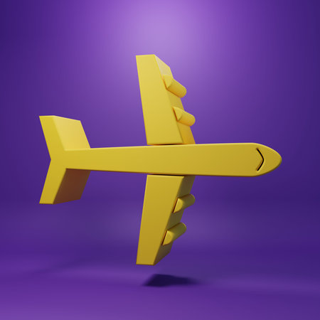 Yellow Plane icon isolated on purple background. Flying airplane icon. Airliner sign. Minimalism...