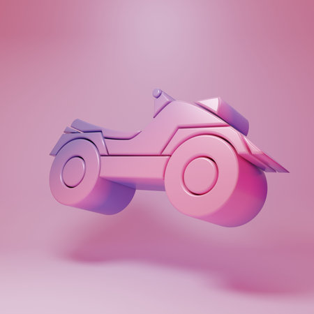 Purple-pink All Terrain Vehicle or ATV motorcycle icon isolated on pink background. Quad bike. Extreme sport. Minimalism concept. 3D render illustration.の写真素材
