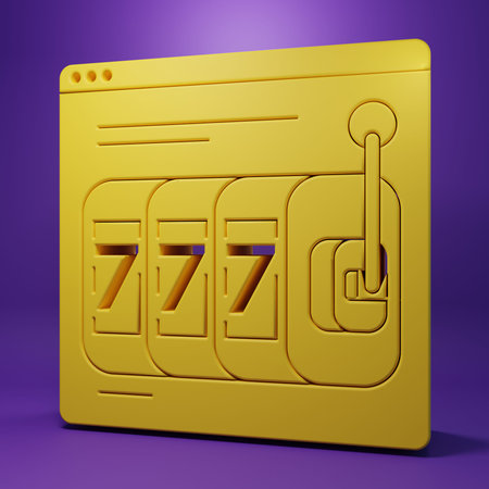 Yellow Online slot machine with lucky sevens jackpot icon isolated on purple background. Online...