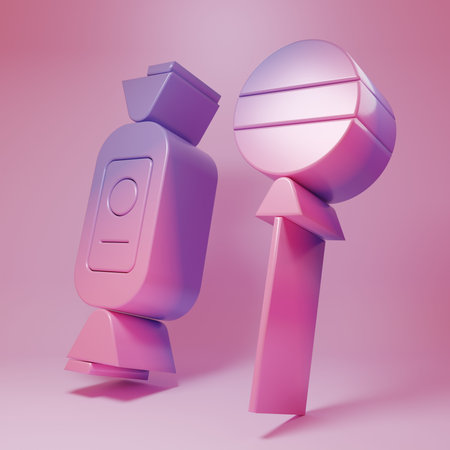 Purple-pink Lollipop icon isolated on pink background. Candy sign Food, delicious symbol. Minimalism concept. 3D render illustration.の写真素材