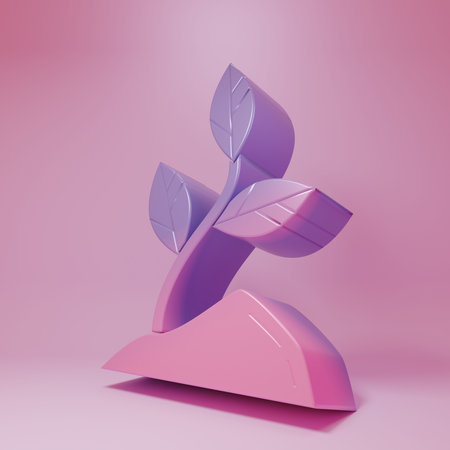 Purple-pink Sprout icon isolated on pink background. Seed and seedling. Leaves sign. Leaf nature. Minimalism concept. 3D render illustration.の写真素材
