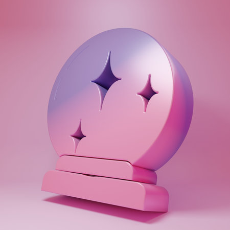 Purple-pink Magic ball icon isolated on pink background. Crystal ball. Minimalism concept. 3D render illustration.の写真素材