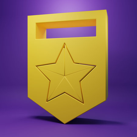 Yellow Chevron icon isolated on purple background. Military badge sign. Minimalism concept. 3D...