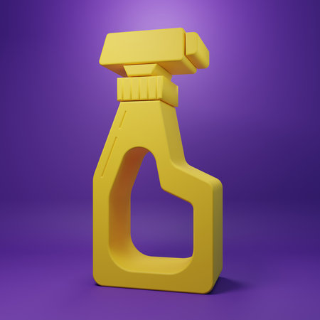 Yellow Cleaning spray bottle with detergent liquid icon isolated on purple background. Minimalism concept. 3D render illustration.の写真素材
