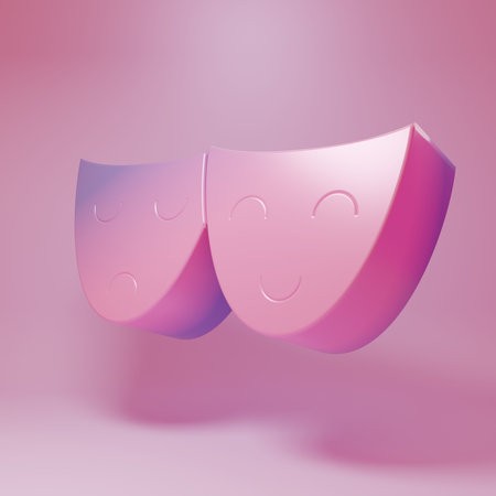 Purple-pink Comedy and tragic theatrical masks icon isolated on pink background. Minimalism concept. 3D render illustration.の写真素材