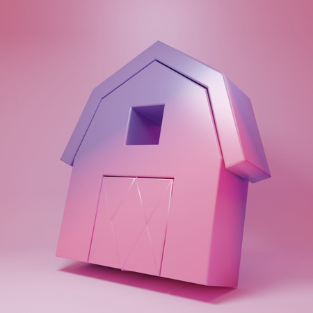 Purple-pink Farm House concept icon isolated on pink background. Rustic farm landscape. Minimalism concept. 3D render illustration.の写真素材