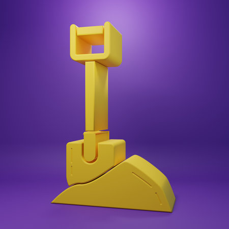 Yellow Shovel in the ground icon isolated on purple background. Gardening tool. Tool for horticulture, agriculture, farming. Minimalism concept. 3D render illustration.の写真素材