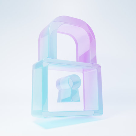 Frosted glass Lock icon isolated on white background. Padlock sign. Security, safety, protection, privacy concept. Minimalism concept. 3D render illustration.の写真素材