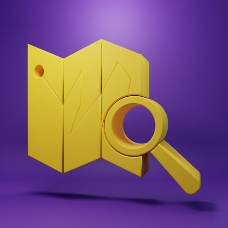 Yellow Folded map with location marker icon isolated on purple background. Minimalism concept. 3D render illustration.の写真素材