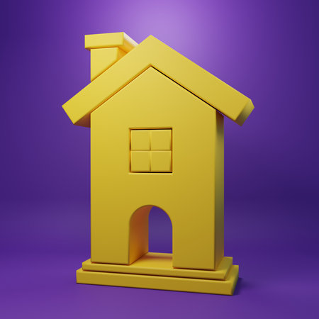 Yellow House icon isolated on purple background. Home symbol. Minimalism concept. 3D render illustration.の写真素材