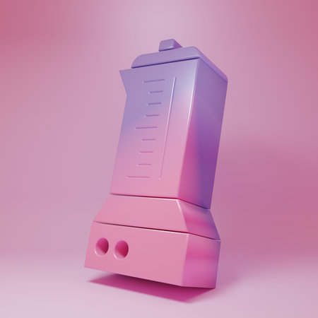 Purple-pink Blender icon isolated on pink background. Kitchen electric stationary blender with bowl. Cooking smoothies, cocktail or juice. Minimalism concept. 3D render illustration.の写真素材