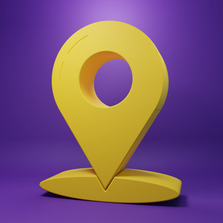 Yellow Map pin icon isolated on purple background. Navigation, pointer, location, map, gps, direction, place concept. Minimalism concept. 3D render illustration.の写真素材