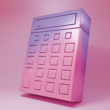 Purple-pink Calculator icon isolated on pink background. Accounting symbol. Business calculations mathematics education and finance. Minimalism concept. 3D render illustration.の写真素材