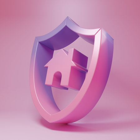 Purple-pink House with shield icon isolated on pink background. Insurance concept. Security, safety, protection, protect concept. Minimalism concept. 3D render illustration.の写真素材
