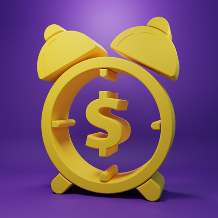 Yellow Alarm clock with dollar symbol icon isolated on purple background. Time is money. Effective time management. Business concept. Minimalism concept. 3D render illustration.の写真素材