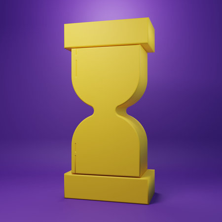 Yellow Old hourglass with flowing sand icon isolated on purple background. Sand clock sign. Business...