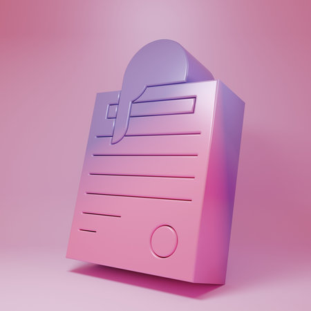 Purple-pink File document and paper clip icon isolated on pink background. Checklist icon. Business concept. Minimalism concept. 3D render illustration.の写真素材