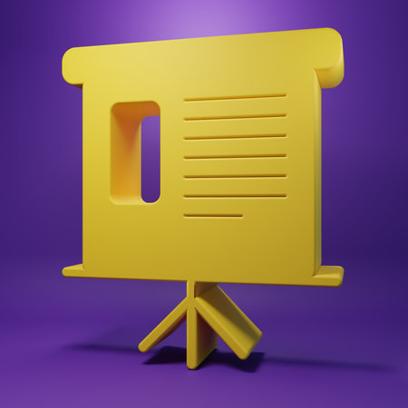 Yellow Presentation board with graph, schedule, chart, diagram, infographic, pie graph icon isolated on purple background. Minimalism concept. 3D render illustration.の写真素材