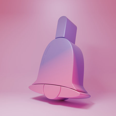 Purple-pink Ringing bell icon isolated on pink background. Alarm symbol, service bell, handbell sign, notification symbol. Minimalism concept. 3D render illustration.の写真素材