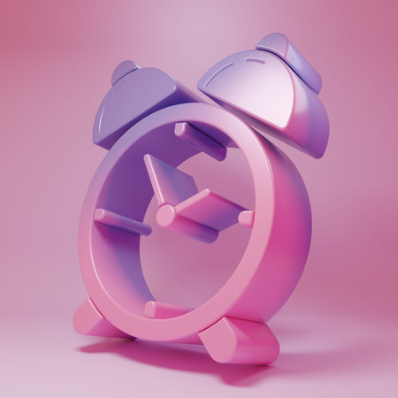 Purple-pink Alarm clock icon isolated on pink background. Wake up, get up concept. Time sign....