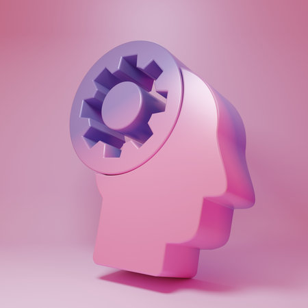 Purple-pink Human head with gear inside icon isolated on pink background. Artificial intelligence. Thinking brain sign. Symbol work of brain. Minimalism concept. 3D render illustration.の写真素材