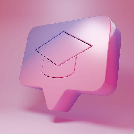 Purple-pink Graduation cap in speech bubble icon isolated on pink background. Graduation hat with...