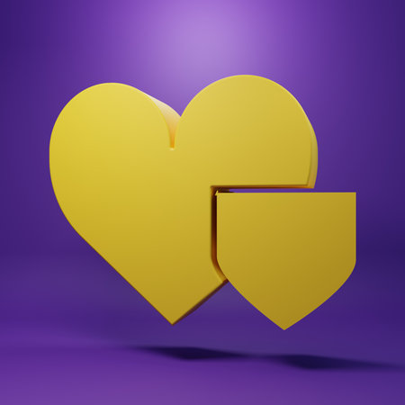Yellow Heart with shield icon isolated on purple background. Love symbol. Insurance concept. Security, safety, protection, protect concept. Minimalism concept. 3D render illustration.の写真素材