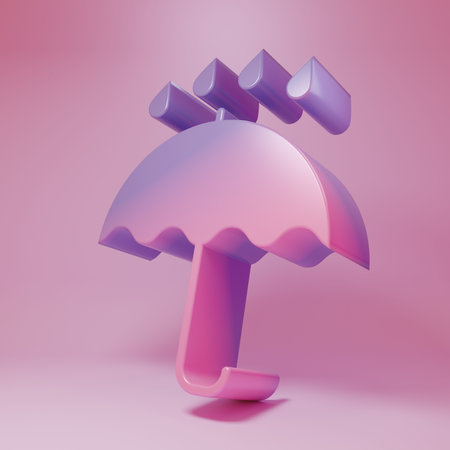 Purple-pink Umbrella and rain drops icon isolated on pink background. Waterproof icon. Protection, safety, security concept. Water resistant symbol. Minimalism concept. 3D render illustration.の写真素材