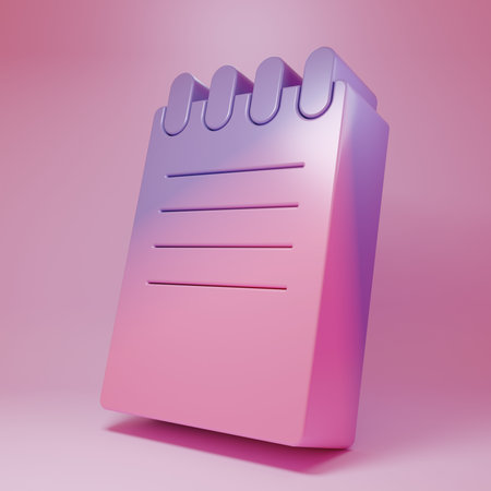 Purple-pink Notebook icon isolated on pink background. Spiral notepad icon. School notebook. Writing pad. Diary for business. Notebook cover design. Minimalism concept. 3D render illustration.の写真素材