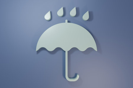 Gray Umbrella and rain drops icon isolated on purple-blue background. Waterproof icon. Protection, safety, security concept. Water resistant symbol. Minimalism concept. 3D render illustration.の写真素材