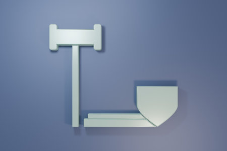 Gray Judge gavel with shield icon isolated on purple-blue background. Insurance concept. Security, safety, protection, protect concept. Minimalism concept. 3D render illustration.の写真素材