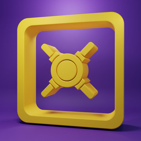 Yellow Safe icon isolated on purple background. The door safe a bank vault with a combination lock. Reliable Data Protection. Minimalism concept. 3D render illustration.の写真素材