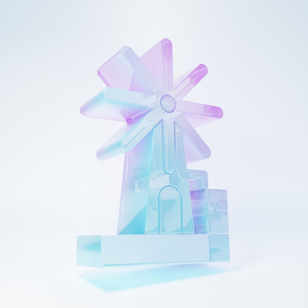 Frosted glass Wind turbine icon isolated on white background. Wind generator sign. Windmill for electric power production. Minimalism concept. 3D render illustration.の写真素材