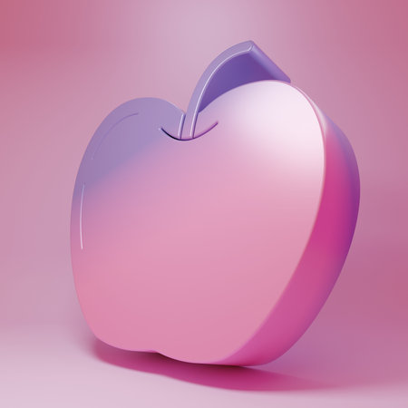 Purple-pink Apple icon isolated on pink background. Fruit with leaf symbol. Minimalism concept. 3D render illustration.の写真素材