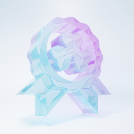 Frosted glass Medal with four leaf clover icon isolated on white background. Happy Saint Patrick's day. Minimalism concept. 3D render illustration.の写真素材