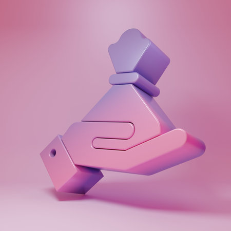 Purple-pink Hand holding money bag icon isolated on pink background. Dollar or USD symbol. Cash Banking currency sign. Minimalism concept. 3D render illustration.の写真素材