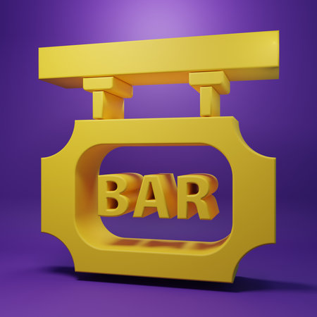 Yellow Street signboard with inscription Bar icon isolated on purple background. Suitable for advertisements bar, cafe, pub, restaurant. Minimalism concept. 3D render illustration.の写真素材