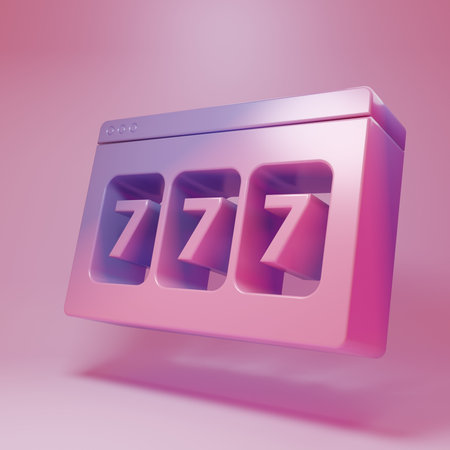 Purple-pink slot machine with lucky sevens jackpot icon isolated on pink background. Online casino. Minimalism concept. 3D render illustration.の写真素材