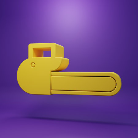 Yellow Chainsaw icon isolated on purple background. Minimalism concept. 3D render illustration.の写真素材
