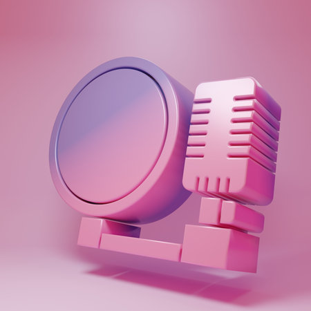 Purple-pink Microphone icon isolated on pink background. On air radio mic microphone. Speaker sign. Minimalism concept. 3D render illustration.の写真素材
